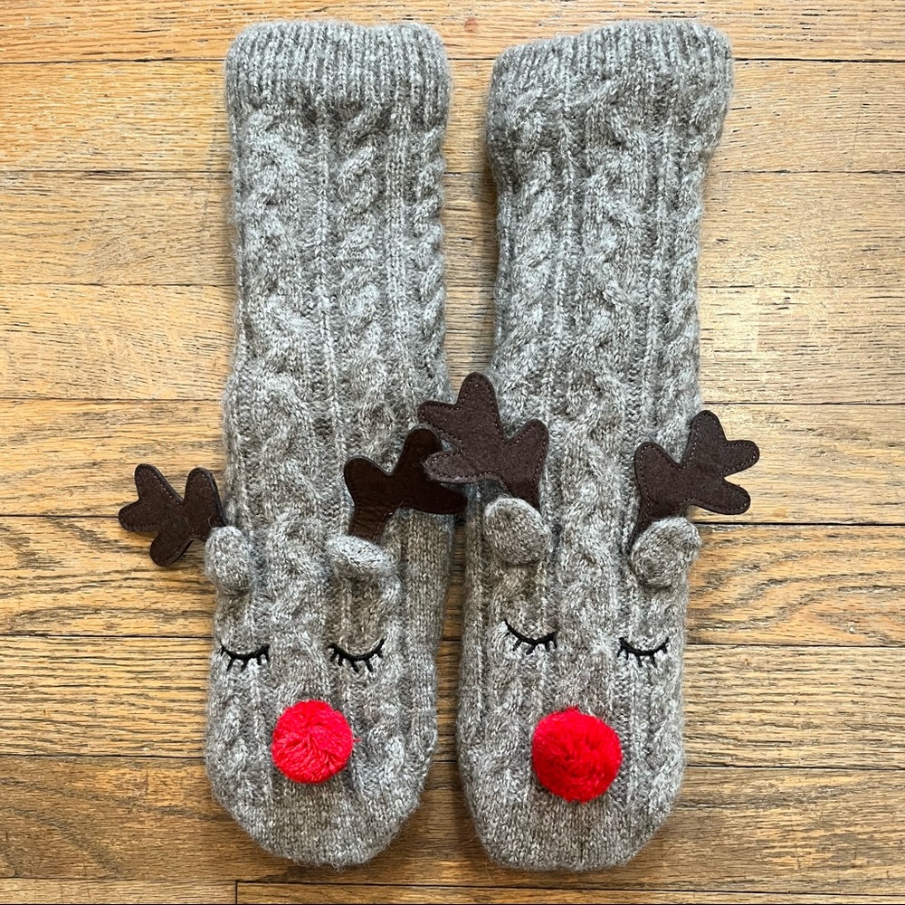 Reindeer Slipper Sock | Long & Cozy Sherpa-Lined No-Slip Sock | Christmas/Winter